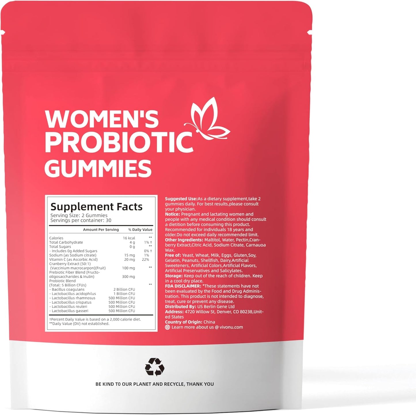 Vivonu Premium Probiotic Cranberry Gummie,Gut Health, Ph Balance| 60 Gummies