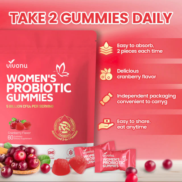 Vivonu Women's Probiotic Gummies cranberry gummies daily serving presentation
