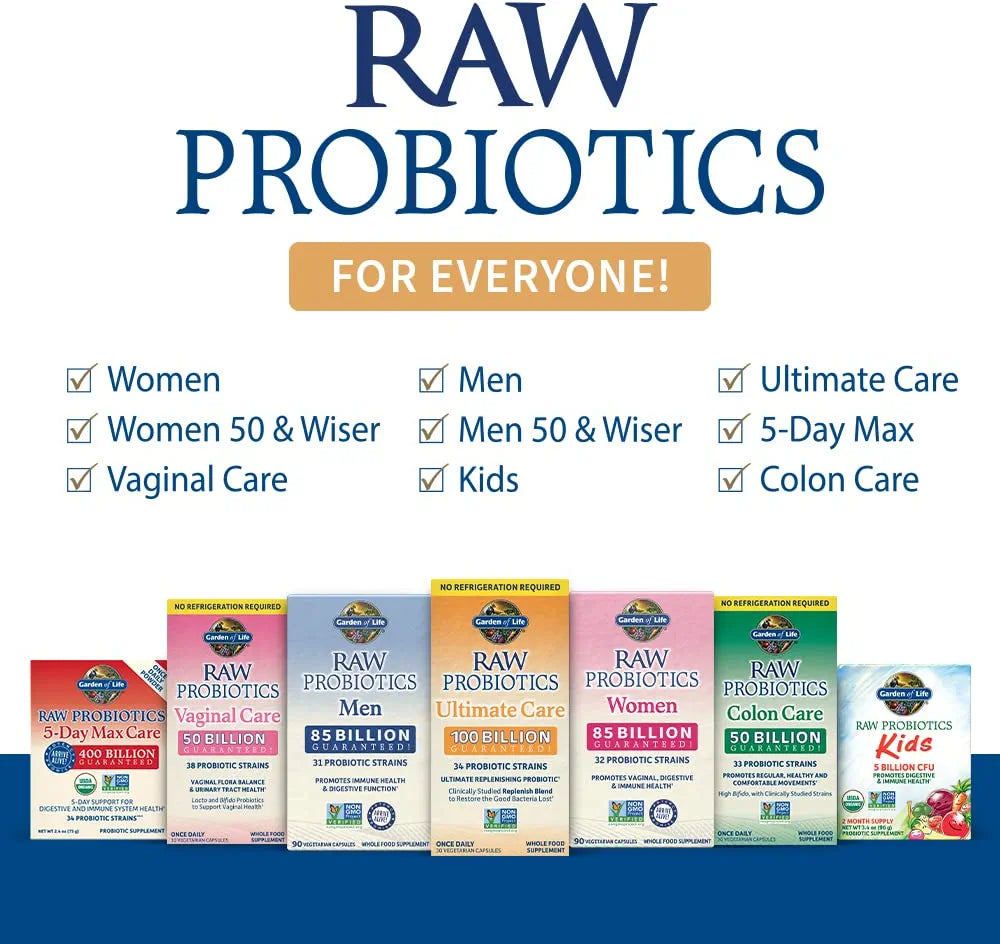 Garden of Life Raw Probiotics for Women and Men, 100 Billion CFU, High-Potency Digestive Enzyme Supplement, 30 Shelf-Stable Capsules