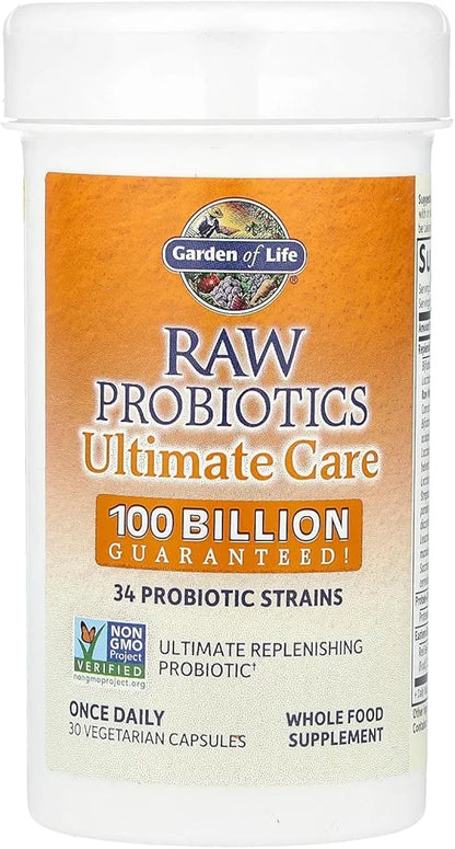 Garden of Life Raw Probiotics for Women and Men, 100 Billion CFU, High-Potency Digestive Enzyme Supplement, 30 Shelf-Stable Capsules