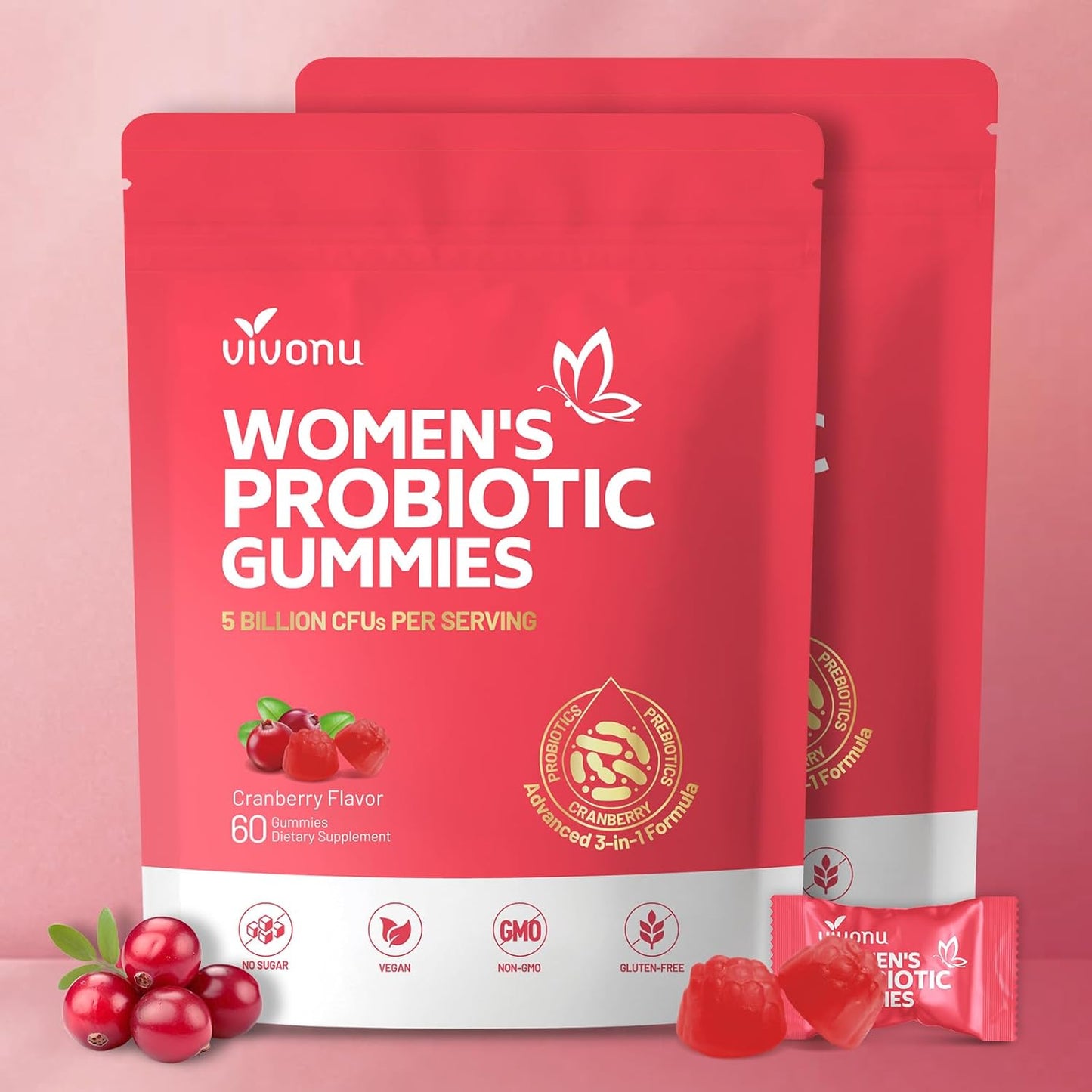 Vivonu Premium Probiotic Cranberry Gummie,Gut Health, Ph Balance| 60 Gummies