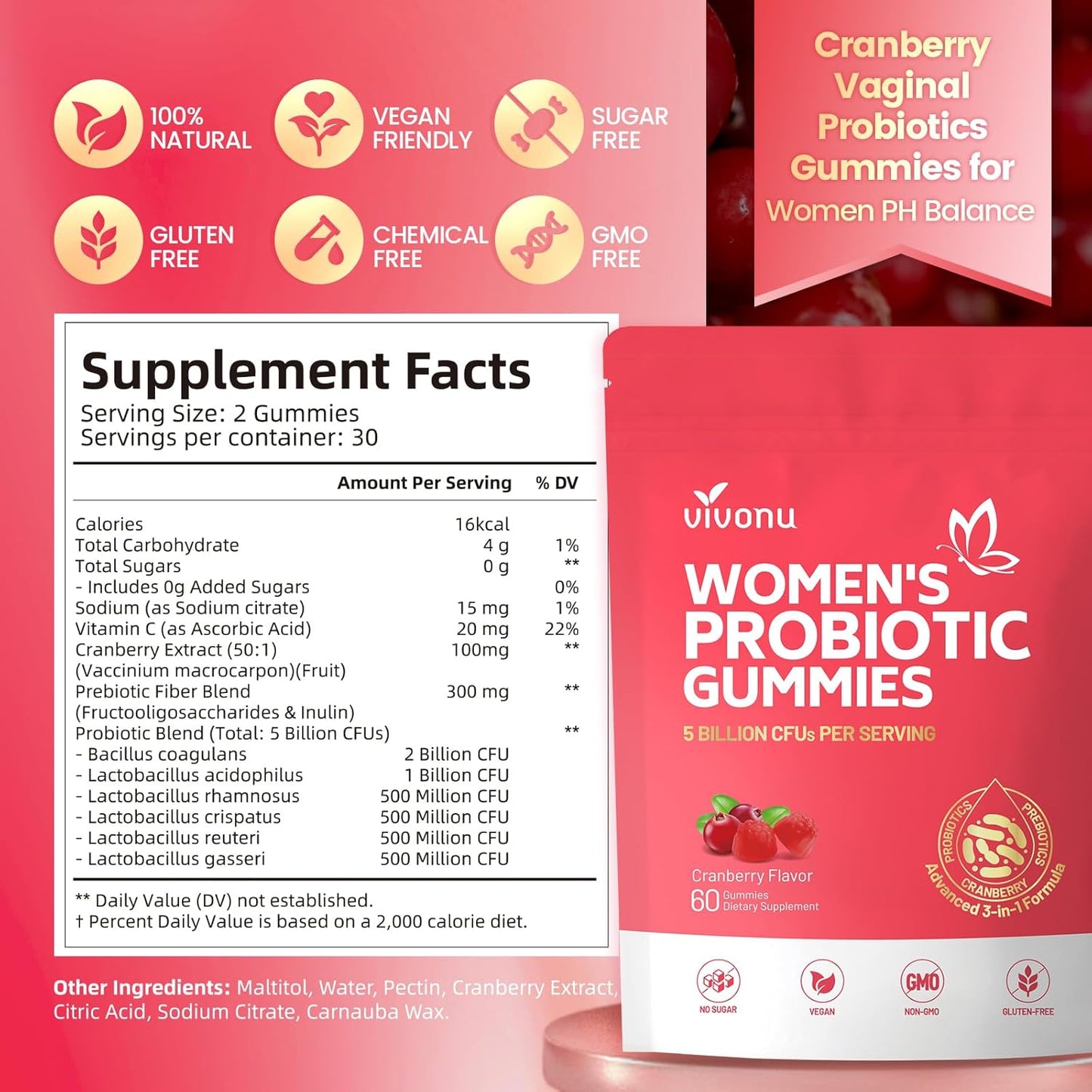 Vivonu Premium Probiotic Cranberry Gummie,Gut Health, Ph Balance| 60 Gummies