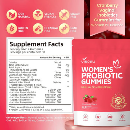 Vivonu Premium Probiotic Cranberry Gummie,Gut Health, Ph Balance| 60 Gummies