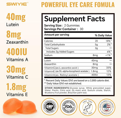 Lutein Gummies – Eye Vitamin and Mineral Supplement with 20mg Lutein & 4mg Zeaxanthin – Gummy Vitamins for Eye Health Support – Naturally Flavoured, 60 Gummies