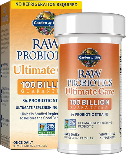 Garden of Life Raw Probiotics for Women and Men, 100 Billion CFU, High-Potency Digestive Enzyme Supplement, 30 Shelf-Stable Capsules