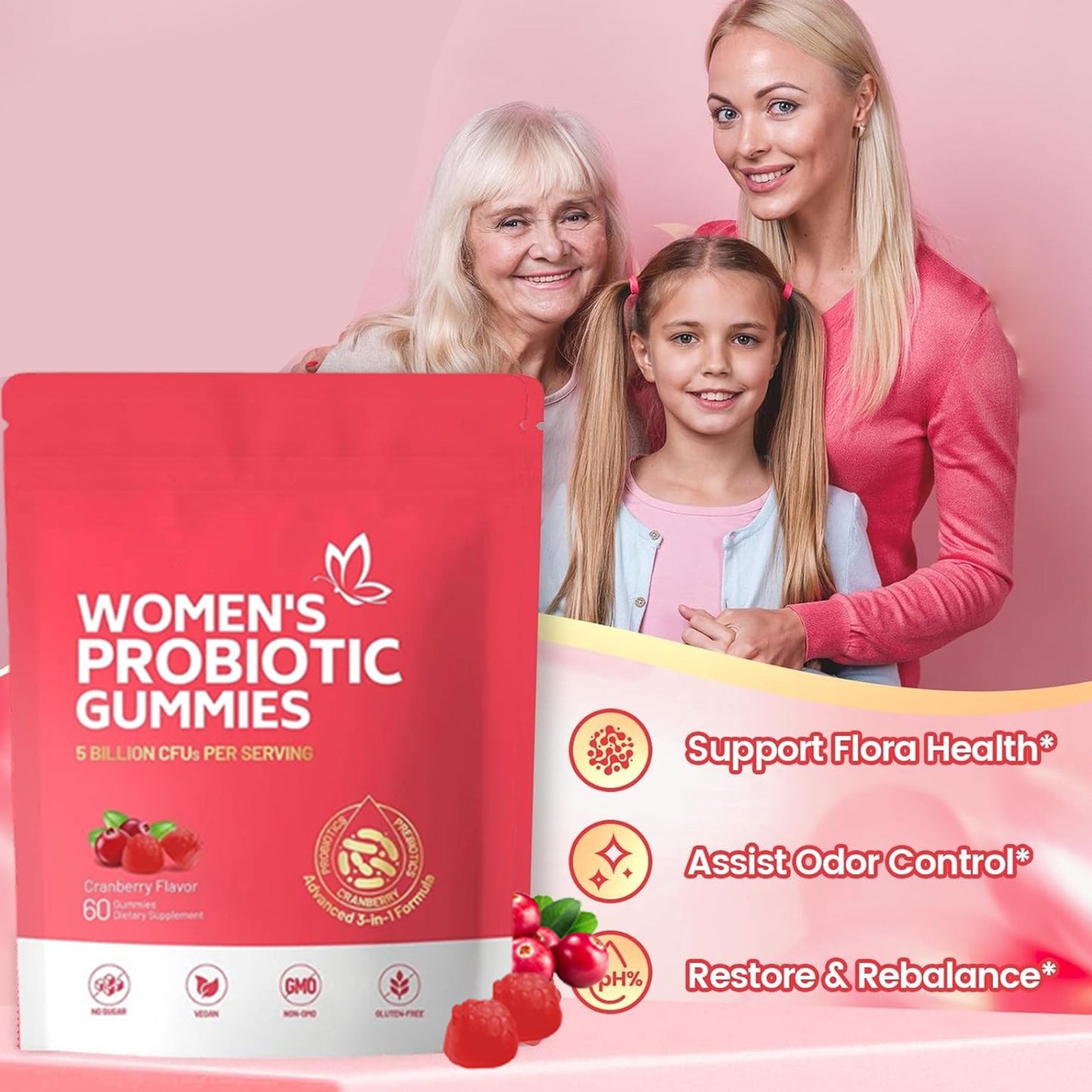 Women's Vaginal Probiotic Gummies 60ct pH Balance Support Healthy Odor Control