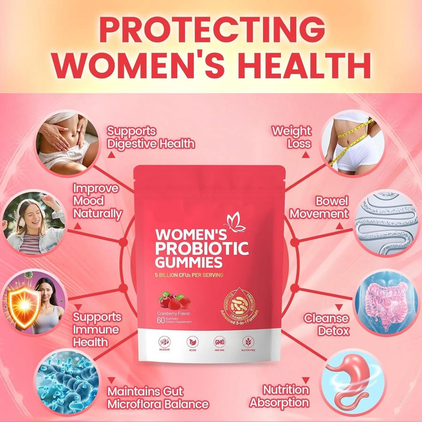 Women's Vaginal Probiotic Gummies 60ct pH Balance Support Healthy Odor Control
